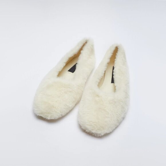 NWT Zara cream off-white faux fur low heeled ballet flats, 6 - Picture 4 of 13